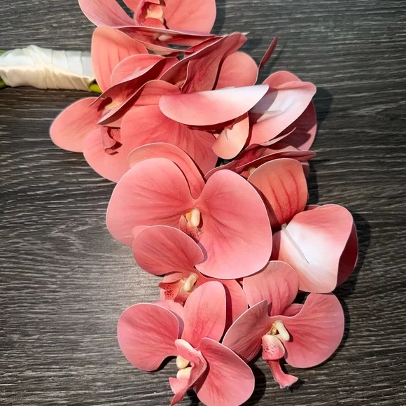 Curved Bridal Bouquet Pink Orchid and Purple Calla Lilies - Picture 4 of 10